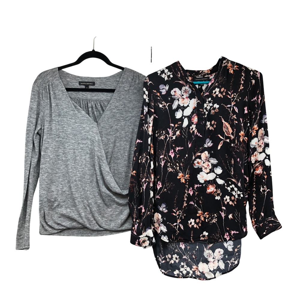 Banana Republic Blouse Lot Women XS Gray Floral Surplice Henley Long Sleeve Tops